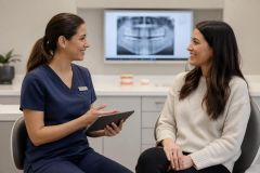 Dental clinician reviewing X-ray with patient in modern clinic, discussing full-mouth treatment planning.