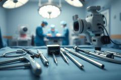 Surgical instruments laid out on a blue medical drape in an operating room. Background shows blurred surgeons in blue scrubs under bright lights. Focus on surgical tools, healthcare, and medical procedures. A camera is prominently featured in the foreground.
