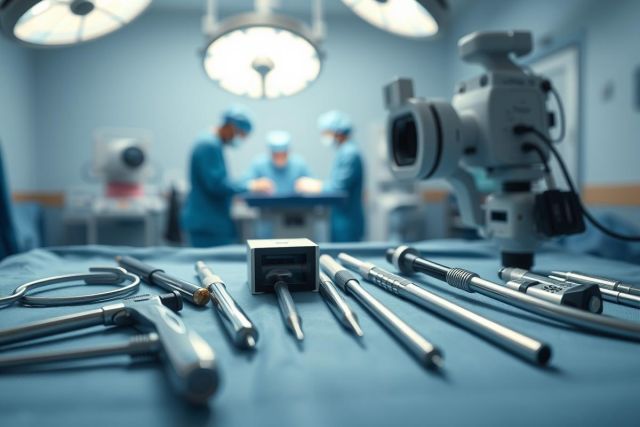 Surgical instruments laid out on a blue medical drape in an operating room. Background shows blurred surgeons in blue scrubs under bright lights. Focus on surgical tools, healthcare, and medical procedures. A camera is prominently featured in the foreground.