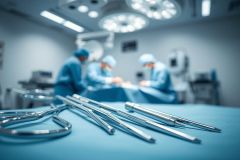 Surgical instruments on a blue operating table in a modern operating room. Three surgeons in blue scrubs and masks are blurred in the background, performing a medical procedure under bright lights. Focus is on the stainless steel tools, suggesting surgery and healthcare.