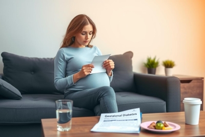 A woman pregnant with twins is sitting on a grey couch in a modern living room, studying a document or reading about gestational diabetes. She has a cup of coffee and a glass of water next to her. The environment suggests a calm and comfortable home setting.