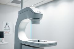 Close-up of modern eye exam equipment in a bright, white-walled optical clinic. Features a gray refraction machine and an eye chart in the background, suggesting vision testing and eye care services.