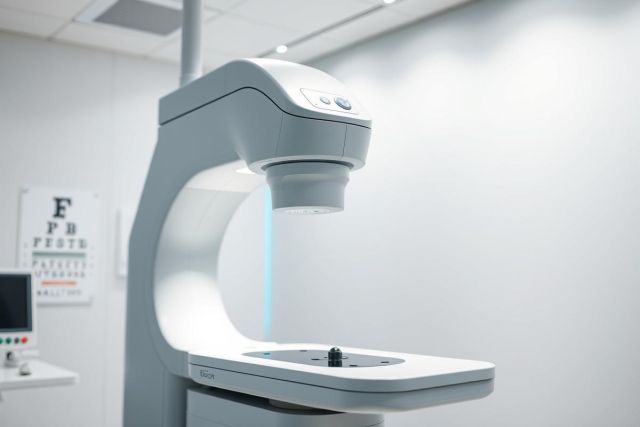 Close-up of modern eye exam equipment in a bright, white-walled optical clinic. Features a gray refraction machine and an eye chart in the background, suggesting vision testing and eye care services.
