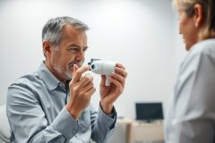 Medical checkup: A man in a light blue shirt being examined by a healthcare professional in a white coat. The man holds a white diagnostic device near his eye in a bright, modern clinic setting. Focus on eye health and medical examination.