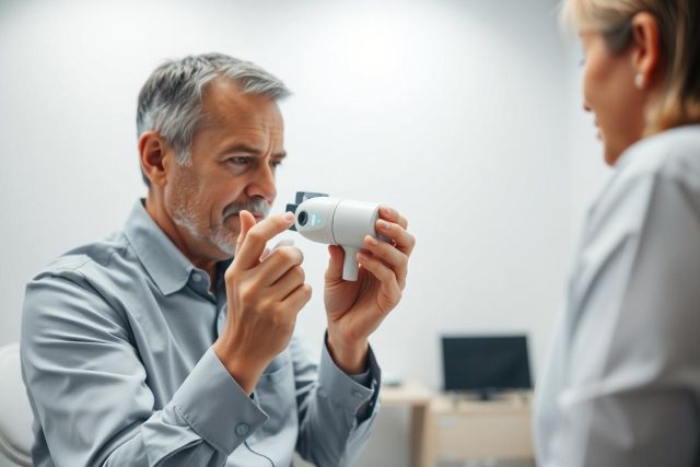 Medical checkup: A man in a light blue shirt being examined by a healthcare professional in a white coat. The man holds a white diagnostic device near his eye in a bright, modern clinic setting. Focus on eye health and medical examination.