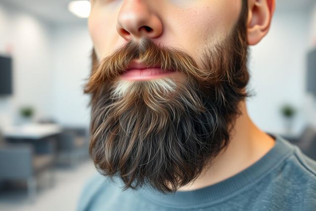 Close-up portrait of a man with a full, textured brown and grey beard. The image showcases detailed facial hair, set against a blurred office background with neutral tones. A stylish beard with a unique color pattern.