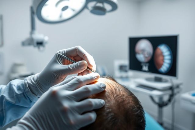 Hair transplant surgery in progress. A surgeon wearing gloves carefully works on a patient's scalp under bright surgical lighting. A monitor displays anatomical imagery. Clean, modern operating room setting with cool blue and white tones. Medical procedure, hair restoration, cosmetic surgery.