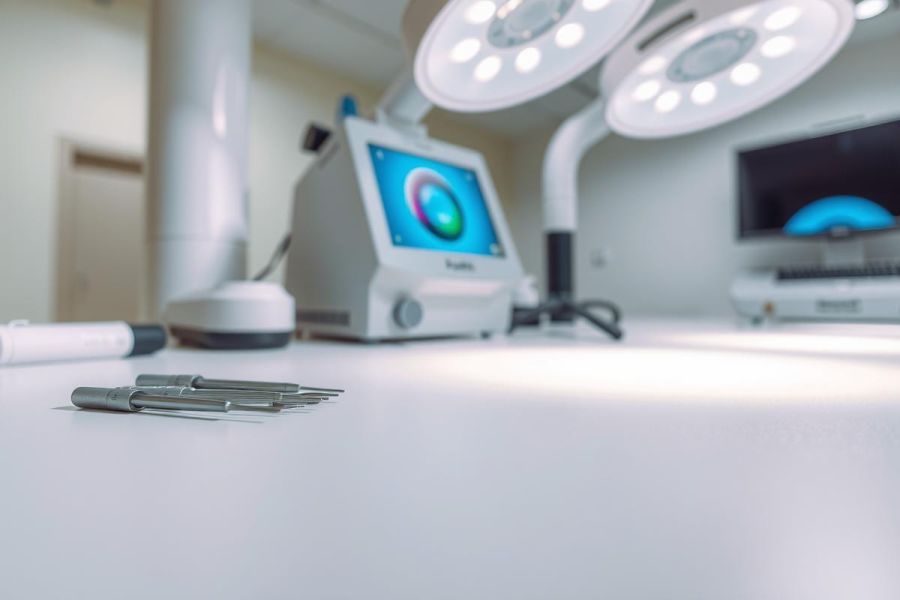 Surgical instruments on a sterile white table in an operating room. Includes a surgical retractor, light source, and monitor, highlighting the clean and clinical environment. 