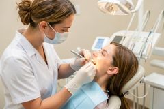 Dentist wearing mask and gloves examines a patient's gums with a dental mirror and probe while the patient reclines.