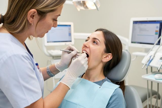 Dental hygienist in gloves examines a patient's open mouth with mirror and probe during a gum assessment.