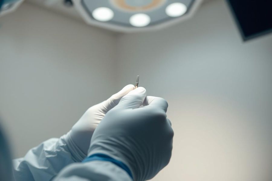 Close-up of gloved hands holding a dental implant in a bright, modern dental office. Focus on medical equipment and precision dentistry. Cool blue and white tones create a clinical, professional atmosphere.