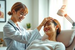 A beauty professional in a white coat examines a client's skin during a facial or skincare treatment. The scene is brightly lit in a spa or salon setting with green plants visible.