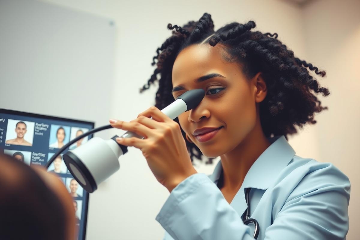 Doctor examining a patient's eye with an ophthalmoscope. Healthcare professional in a medical setting, wearing a blue coat. Focus on eye care and medical examination.