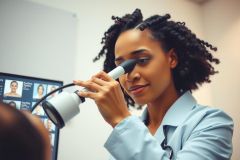 Doctor examining a patient's eye with an ophthalmoscope. Healthcare professional in a medical setting, wearing a blue coat. Focus on eye care and medical examination.