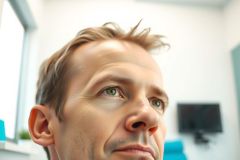 Close-up portrait of a man looking upwards, with a blurred office environment in the background. The image features a focus on his face and expression, with natural lighting and a shallow depth of field.