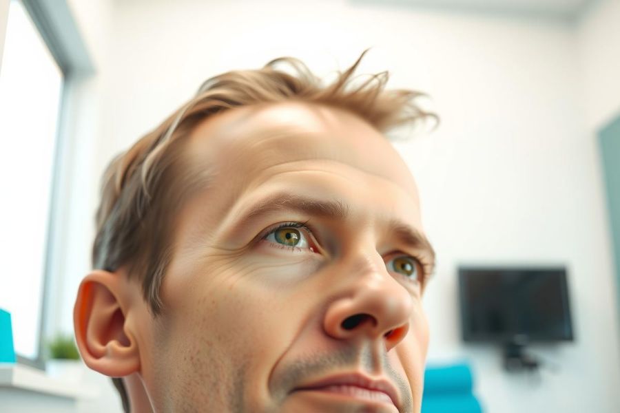 Close-up portrait of a man looking upwards, with a blurred office environment in the background. The image features a focus on his face and expression, with natural lighting and a shallow depth of field.