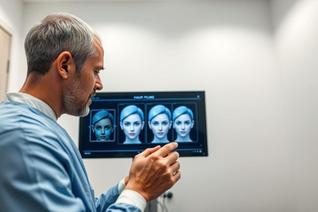 A male doctor in a medical setting examines facial simulations on a screen. The image depicts cosmetic surgery planning, showing multiple face options. Blue and white tones dominate, suggesting a professional and clinical environment. Focus on facial aesthetics and medical technology.