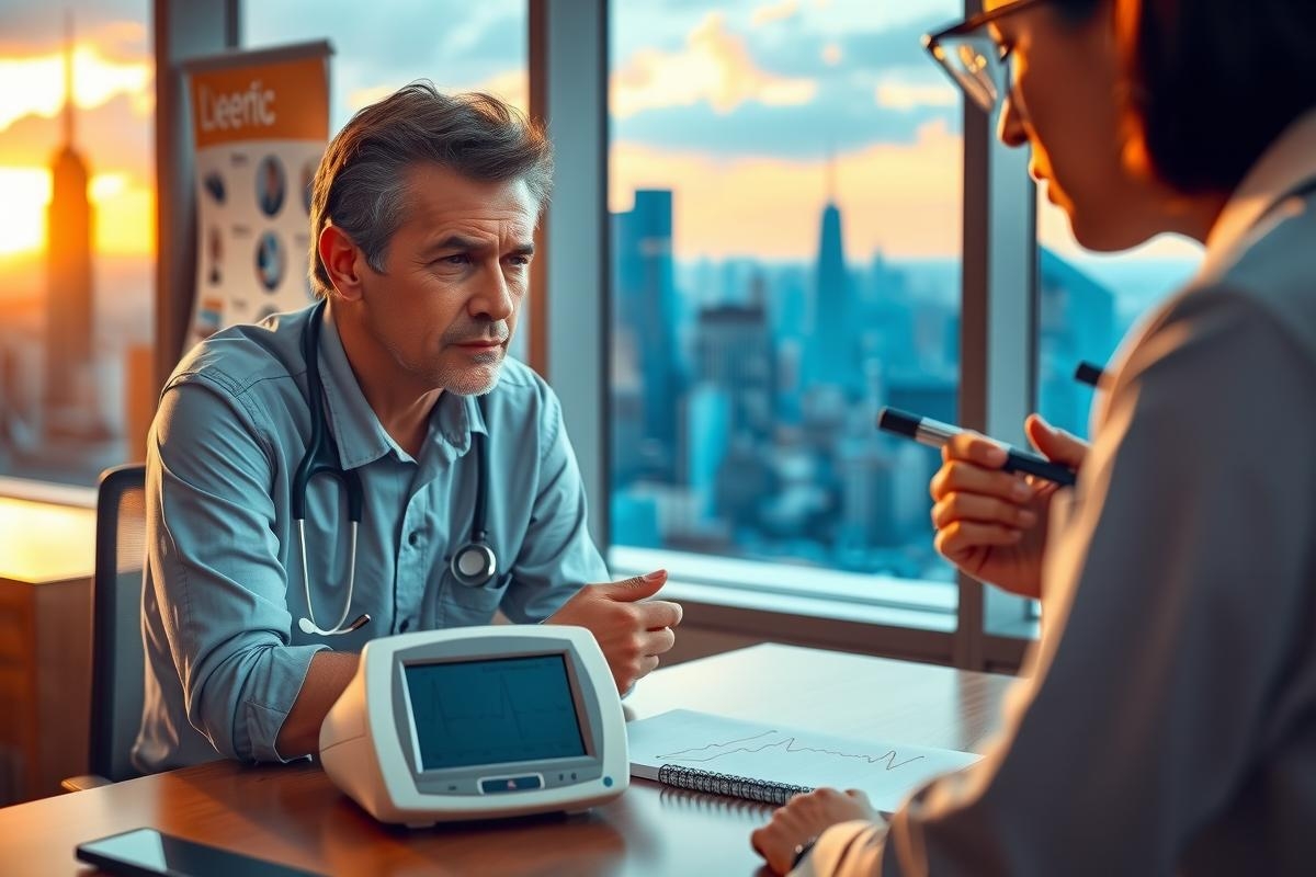 The image depicts a healthcare professional in a clinical setting, focused on the discussion of medical results. A patient is seen seated across from a doctor at a desk with various diagnostic tools such as a stethoscope and blood pressure monitor. The office has large windows that offer a view of a skyline, indicating an urban environment. Lighting suggests either sunrise or sunset outside. Both individuals are engaged in a conversation, possibly about health concerns and treatment options.