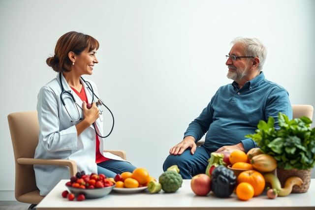 Doctor consults with a patient about healthy eating. The scene features a nutritionist or physician discussing diet with an older man, surrounded by a colorful array of fresh fruits and vegetables. Focus on wellness, nutrition, and senior health in a bright, clean setting.