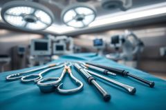 Surgical instruments laid out on a blue operating table in a modern operating room. Bright overhead lights illuminate the scene, showcasing stainless steel tools against a blurred medical equipment background. Healthcare, surgery, and medical technology themes are evident.
