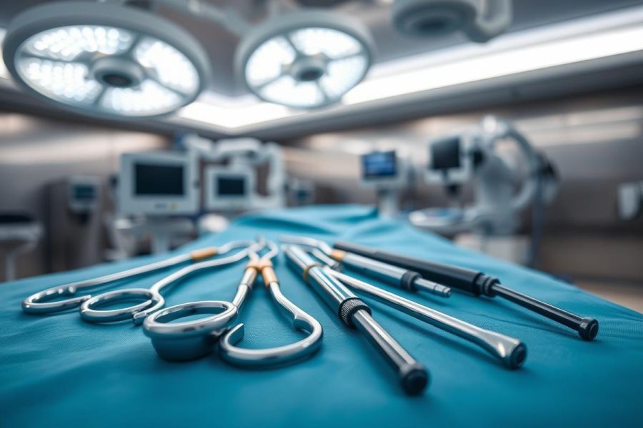 Surgical instruments laid out on a blue operating table in a modern operating room. Bright overhead lights illuminate the scene, showcasing stainless steel tools against a blurred medical equipment background. Healthcare, surgery, and medical technology themes are evident.