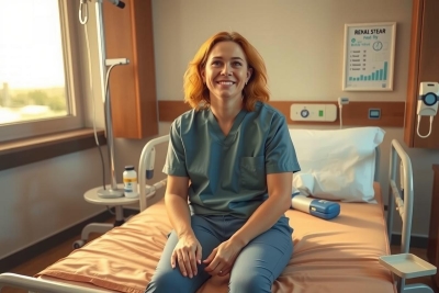 The image shows a woman sitting in a hospital bed, smiling and looking directly at the camera. She is wearing a green scrubs and a lab coat, suggesting she might be a patient in a hospital room.