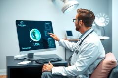 The image depicts a medical professional, likely a doctor or specialist, using a digital workstation with a holographic display in front of them. The environment suggests a clinical setting, possibly an office or diagnostic room. 