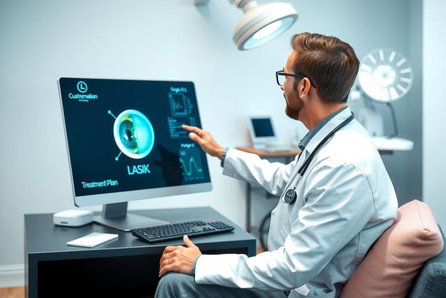 The image depicts a medical professional, likely a doctor or specialist, using a digital workstation with a holographic display in front of them. The environment suggests a clinical setting, possibly an office or diagnostic room. 