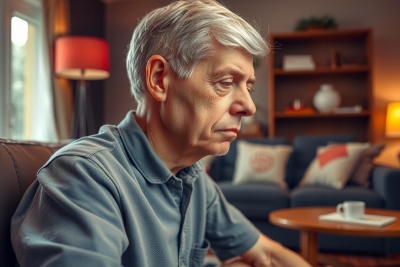 The image shows an older man seated in a comfortable home environment. He has short, grey hair and is wearing a casual shirt. The man appears to be engaged in a conversation or deep thought, with his gaze directed off-camera.