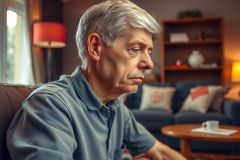 The image shows an older man seated in a comfortable home environment. He has short, grey hair and is wearing a casual shirt. The man appears to be engaged in a conversation or deep thought, with his gaze directed off-camera.