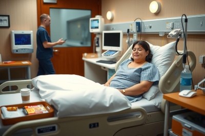 This image depicts an indoor hospital setting. A woman is seated in a hospital bed, smiling at the viewer. She appears to be engaged with a healthcare professional who is standing by her side, likely providing care or information. There are medical monitors and equipment visible near the bed, indicating a clinical environment. The colors are typical of a healthcare facility, with a balance of whites, browns, and blues.