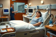 This image depicts an indoor hospital setting. A woman is seated in a hospital bed, smiling at the viewer. She appears to be engaged with a healthcare professional who is standing by her side, likely providing care or information. There are medical monitors and equipment visible near the bed, indicating a clinical environment. The colors are typical of a healthcare facility, with a balance of whites, browns, and blues.