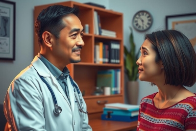 This image features two individuals in a professional setting, likely an office or clinic. On the left is a man wearing a white lab coat with stethoscope around his neck, suggesting he might be a medical professional such as a doctor. He's engaged in conversation with a woman on the right who appears to be seeking advice or receiving medical information.