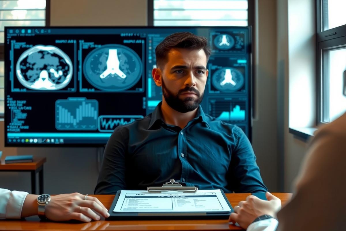 The image depicts a man in a medical office setting. He is wearing a dark suit and has a beard, sitting at a desk with a computer screen displaying medical data.