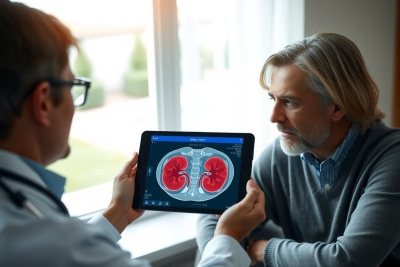 The image depicts a medical consultation scene. A patient is seated in front of a doctor who has a tablet displaying medical images and information. The setting appears to be an indoor office, possibly the doctor's room. 