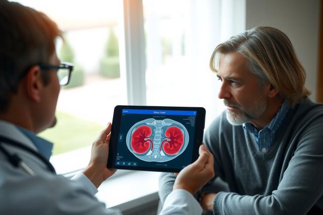 The image depicts a medical consultation scene. A patient is seated in front of a doctor who has a tablet displaying medical images and information. The setting appears to be an indoor office, possibly the doctor's room. 