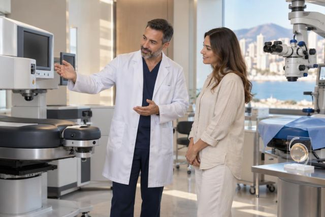 Ophthalmologist explains eye surgery options to patient beside laser and microscope in clinic.