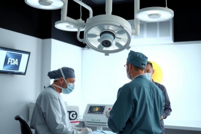 Medical professionals in a modern operating room with high-tech equipment. They are wearing scrubs and face masks, indicating sterile conditions during surgery or medical procedure.