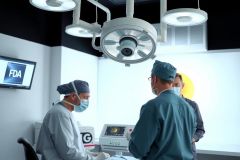 Medical professionals in a modern operating room with high-tech equipment. They are wearing scrubs and face masks, indicating sterile conditions during surgery or medical procedure.