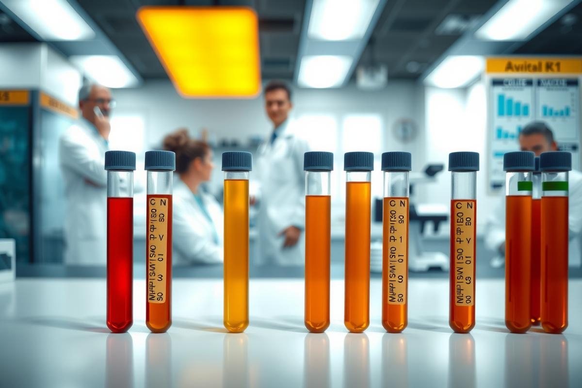 The image depicts a scientific laboratory setting, focusing on various test tubes filled with yellow liquids of varying shades. These test tubes are displayed in rows across what appears to be a lab bench or table. The environment suggests a research facility or a place where chemical experiments are conducted. The overall color scheme is a mix of white and gray for the laboratory setting, contrasting with the bright yellow hues of the liquids.