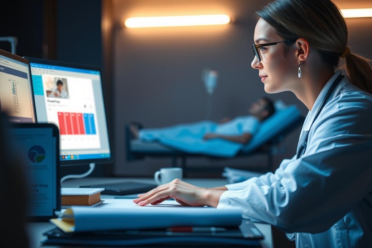 A woman in a lab coat is seated at a desk with two monitors, working on a computer. She appears focused and professional, surrounded by medical equipment typical of a hospital or research environment.