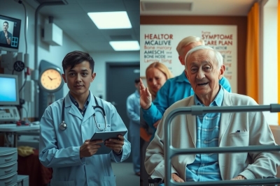 The image features a side-by-side comparison of two different people in what appears to be a hospital setting. On the left, there is a young adult dressed as a doctor, holding a clipboard and looking at a tablet or notebook. The right side shows an elderly man with white hair, wearing a medical gown over his clothes and sitting on a hospital bed. Both individuals are engaged in activities related to healthcare or medicine. 