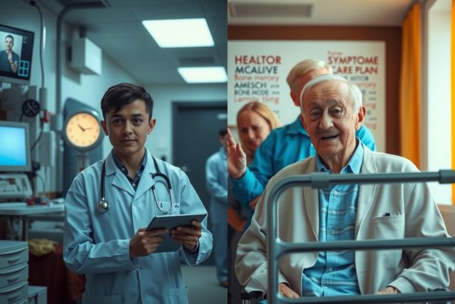 The image features a side-by-side comparison of two different people in what appears to be a hospital setting. On the left, there is a young adult dressed as a doctor, holding a clipboard and looking at a tablet or notebook. The right side shows an elderly man with white hair, wearing a medical gown over his clothes and sitting on a hospital bed. Both individuals are engaged in activities related to healthcare or medicine. 