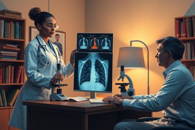 In this image, a male doctor is seated at a desk in front of a large computer monitor displaying an X-ray. He is engaged with the screen, possibly examining the scan or discussing its findings. A female doctor stands beside him, holding the patient's file and observing the X-ray as well. 