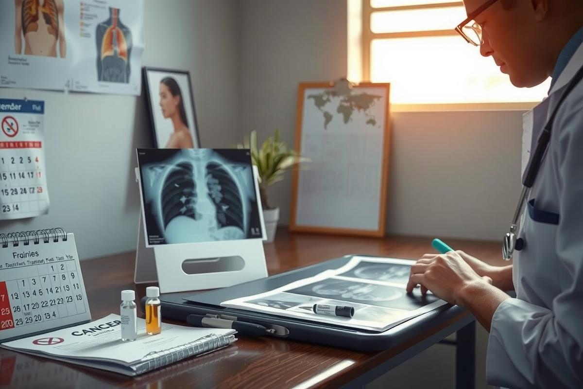 The image shows a medical professional, likely a doctor or nurse, seated at a desk in what appears to be an office setting. The individual is wearing a white coat and using a tablet PC that displays a patient's chest X-ray image. Various medical equipment and documents are visible on the desk, emphasizing the clinical environment. The lighting suggests it might be early morning or late afternoon, with the soft glow of natural light coming through an unseen window.