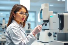 Scientist in a lab coat and gloves examines a microscope slide. The image showcases a modern laboratory setting with advanced scientific equipment. Focus on research, biology, and technology.