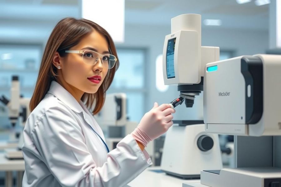 Scientist in a lab coat and gloves examines a microscope slide. The image showcases a modern laboratory setting with advanced scientific equipment. Focus on research, biology, and technology.