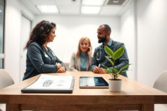 Doctor and patient consultation in a modern medical office. Healthcare professionals discuss patient care, with a tablet and documents on the desk. Clean, bright interior with neutral colors and a focus on professional medical services.