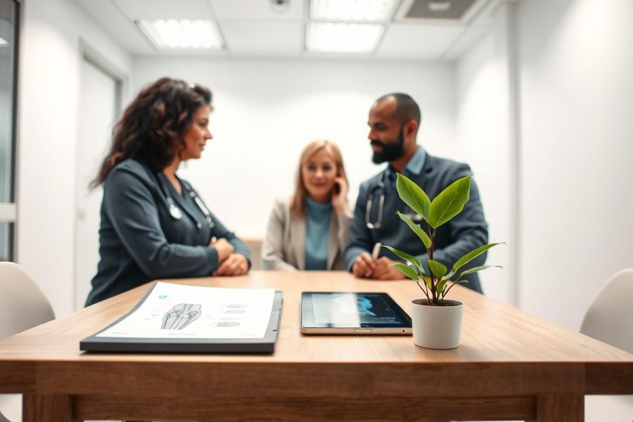 Doctor and patient consultation in a modern medical office. Healthcare professionals discuss patient care, with a tablet and documents on the desk. Clean, bright interior with neutral colors and a focus on professional medical services.