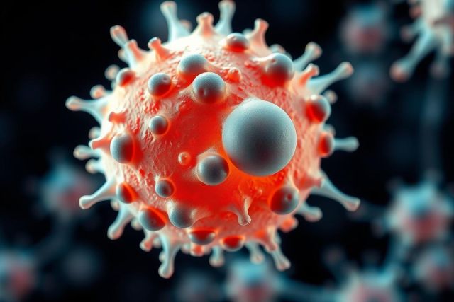 This image depicts a microscopic view of a virus particle within its host cell. The virus has a reddish-brown core with many small, bacteria-like structures encircling it, representing the cellular machinery that's part of the viral replication cycle.
